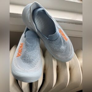 HOKA Women's Restore Slip-On Knit Running Shoes — Light Blue/Orange Accents 8